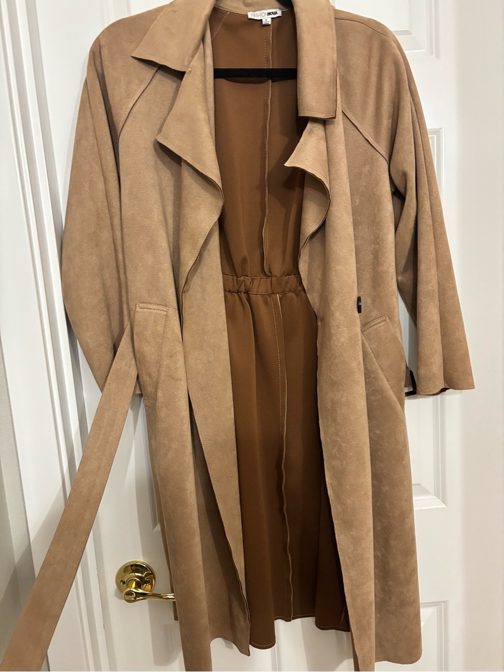 Fashion Nova Tan Suede-Feel Open Front Trench Coat with Waist Tie